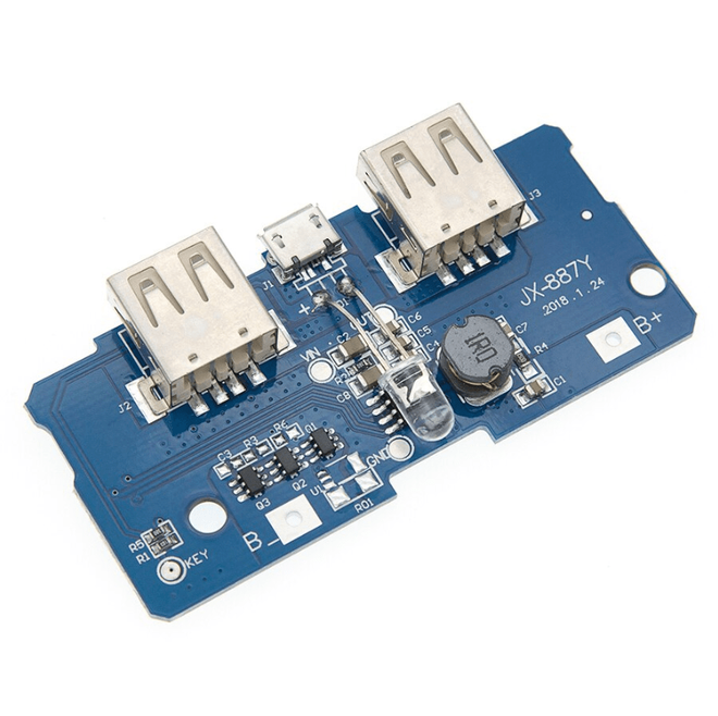 Çift USB Çıkışlı Power Bank Kartı - Pil Seviye Göstergeli (2.1A ve 1A Çıkışlı)